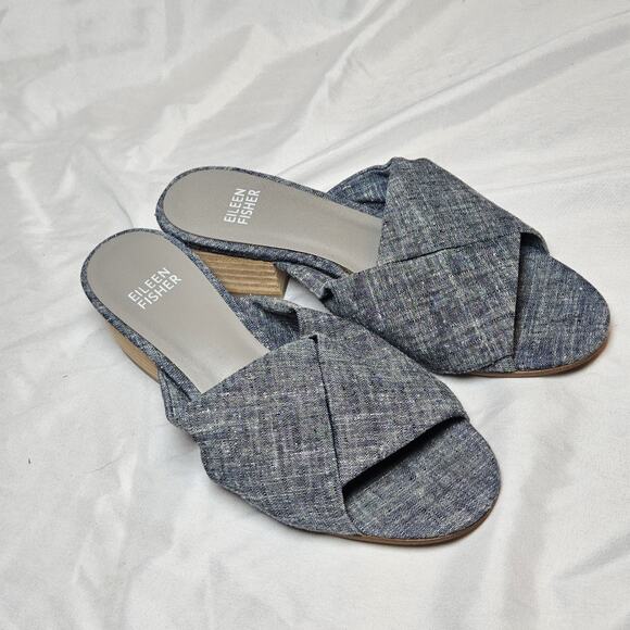 Eileen Fisher Ruche Slide Mule Blue Denim Block Heel Sandal Women's Size 5.5 - Picture 1 of 6